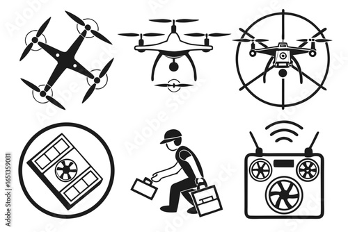 Drone technology icons isolated on white