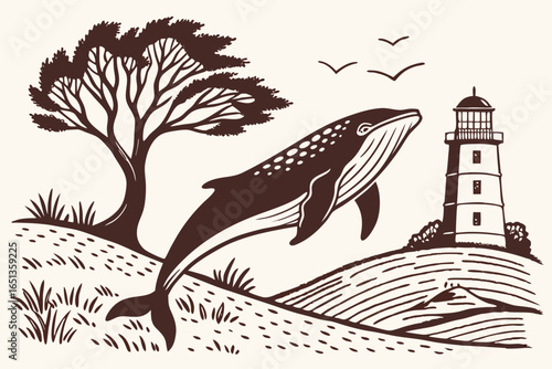 Whale near the lighthouse
