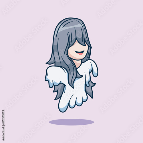 Cute Indonesian Ghost Kuntilanak Cartoon Vector Icon Illustration. Ghost girl.