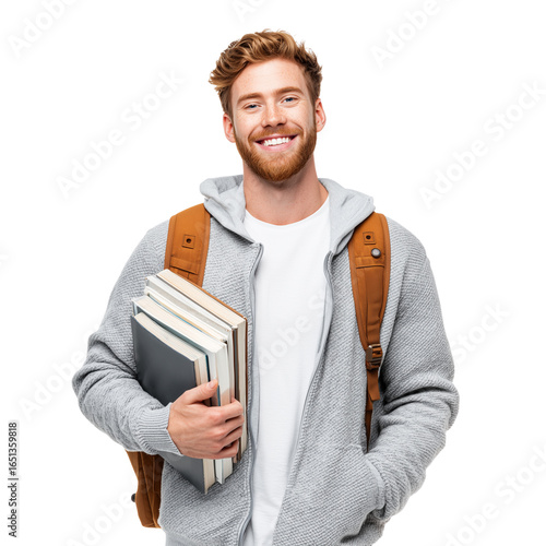 Happy young male student with books and backpack smiling confidently isolated on transparent background