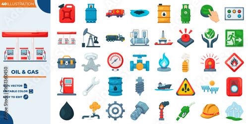Oil And Gas Editable illustration set. Vector illustration in modern style of oil, gas, fuel, gasoline, refinery, energy etc