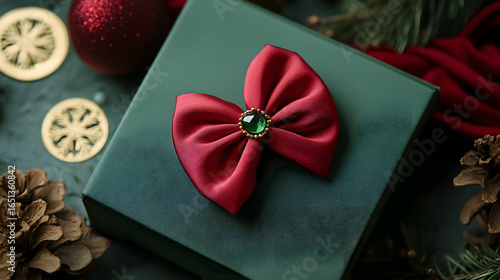 Green gift box with red ribbon and a silver ornament on a red carpet