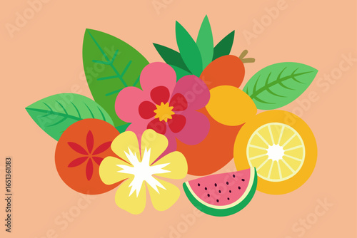 Flat Lay Tropical Flowers and Fruits Isolated