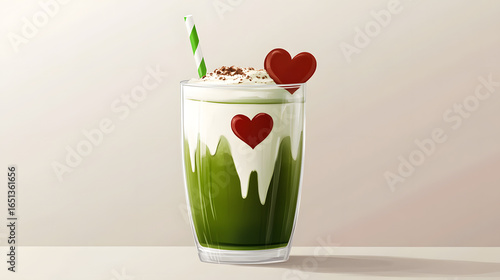 Matcha Green Tea Latte with Heart-Shaped Cream Design in a Glass Cup