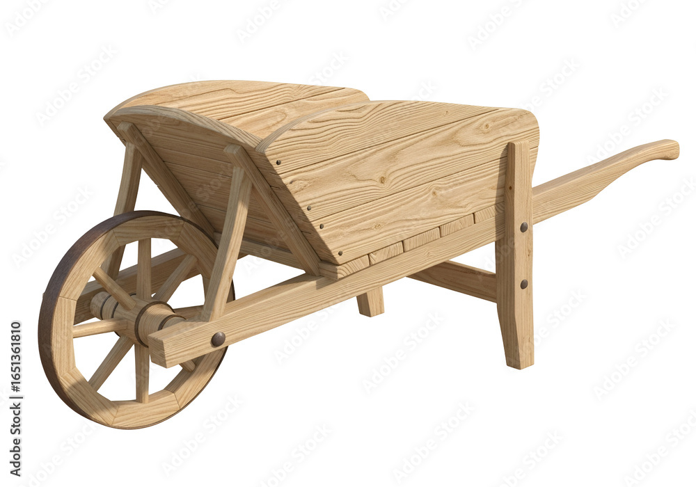 Fototapeta premium Traditional Wooden Wheelbarrow with a Single Wheel for Gardening and Construction Tasks