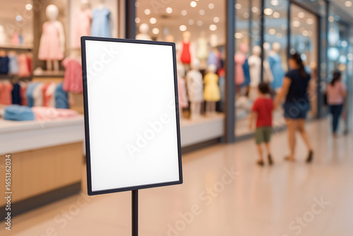 Wallpaper Mural Modern blank poster on sleek black stand in children clothing store with blurred colorful dresses and shoppers background for retail marketing display Torontodigital.ca