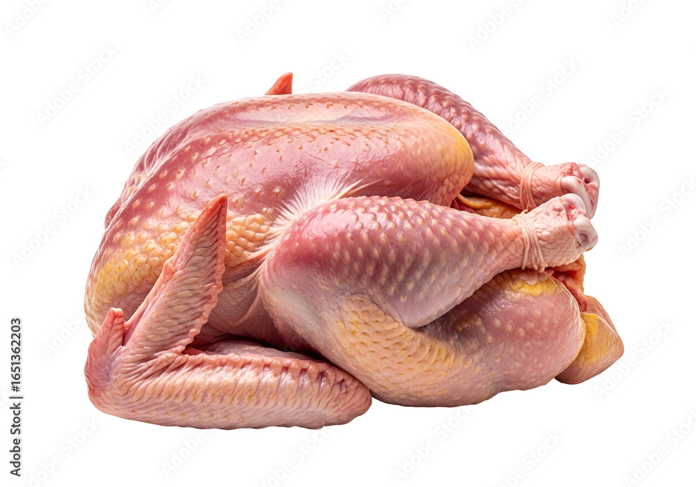 Fototapeta premium Uncooked Whole Raw Chicken with Skin and Legs on Black Background
