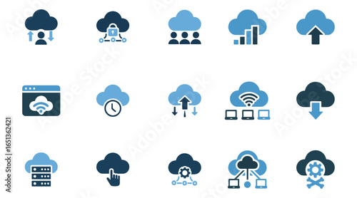 Collection of modern flat cloud computing icons representing data storage network security and digital services