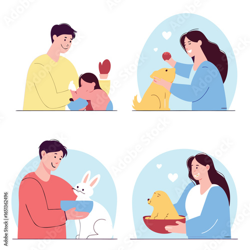 People lovingly caring for various pets and animals in heartwarming scenes
