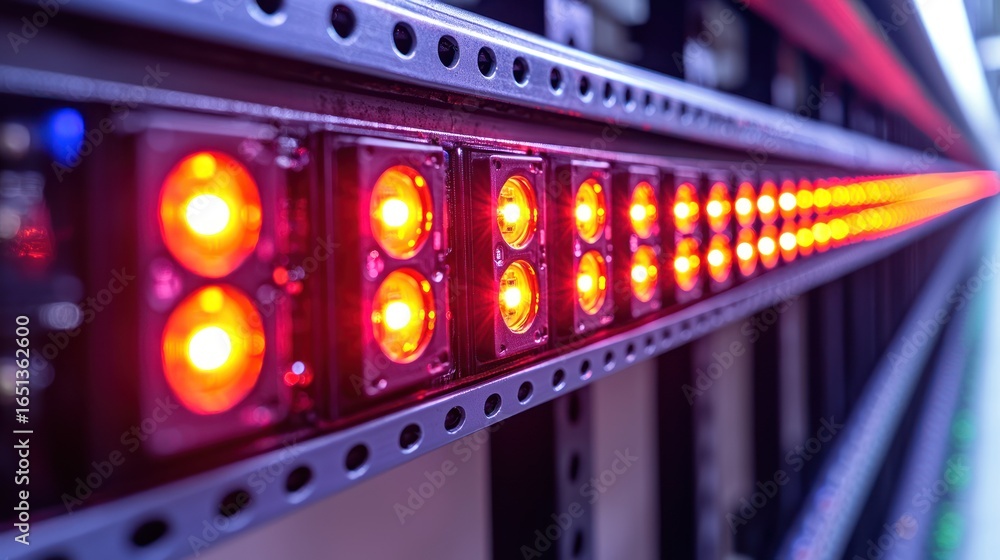 Fototapeta premium Row of LED lights illuminating indoor agricultural setting, close-up