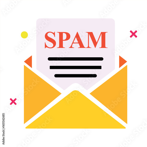 Modern vector spam email alert icon featuring yellow envelope with red SPAM text representing email warning, security risk, junk mail, and online communication