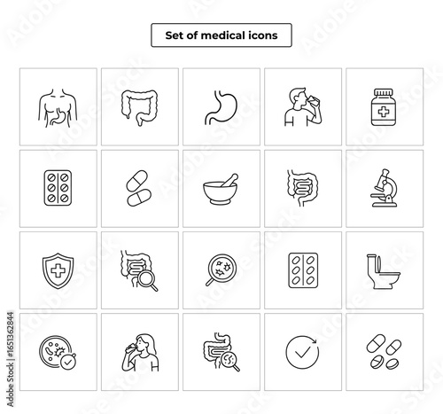 Set of medical icons isolated on white background, featuring anatomy, medicine, laboratory, and health symbols for healthcare and science related designs