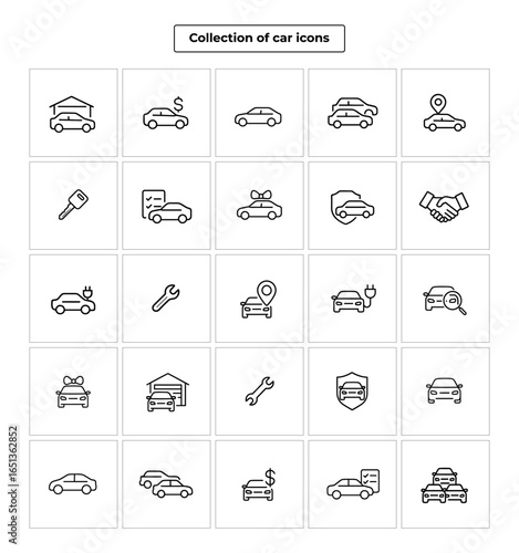 Collection of car icons, including electric and hybrid vehicles, with icons for service, repair, and parking, isolated on white background