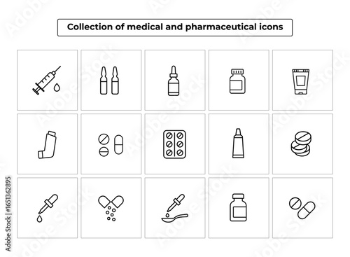 Collection of medical and pharmaceutical icons, including medication, treatment, and healthcare symbols, isolated on white background