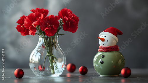 Vase of Red Carnations Beside a Ceramic Snowman Figurine