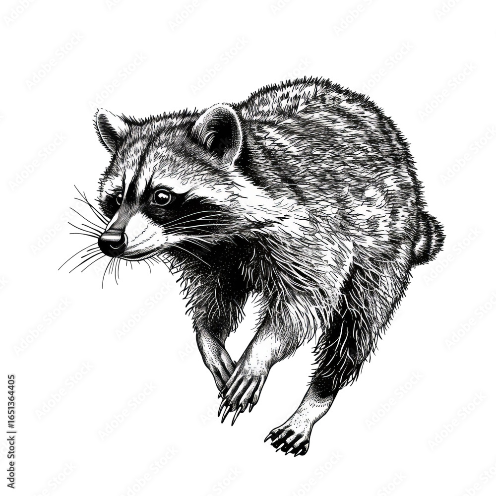 Naklejka premium PNG of A detailed black and white illustration of a raccoon in mid-leap, showcasing its playful nature.