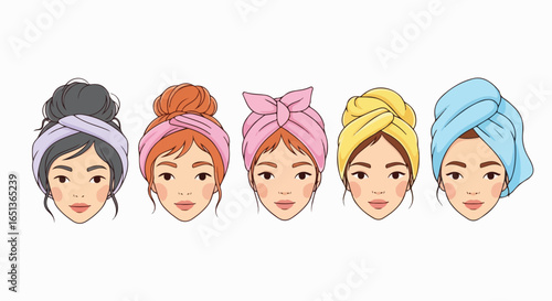 Set of cartoon women faces with hair wraps and headbands