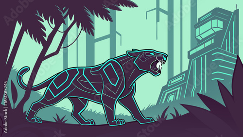 Tiger Roaring in Futuristic Jungle – Sci-Fi Fantasy Vector Illustration