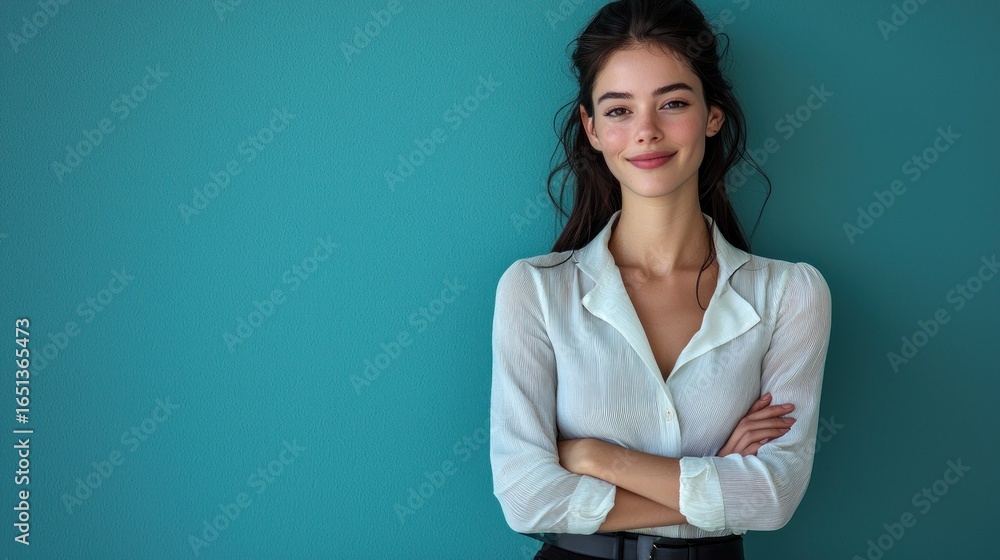 Smiling woman in white shirt, arms crossed against a solid blue backdrop Smiling woman in white shirt, arms crossed against a solid blue backdrop