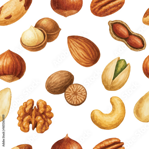 vector seamless pattern with watercolor painted nut types