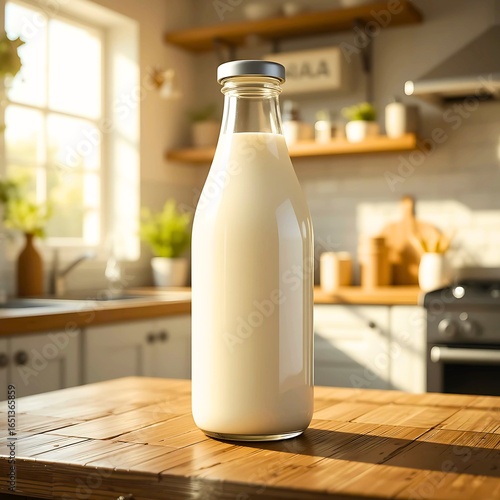 Milk, milk bottle, light falling on it from an angle making it more visible and attractive, close-up, kitchen background