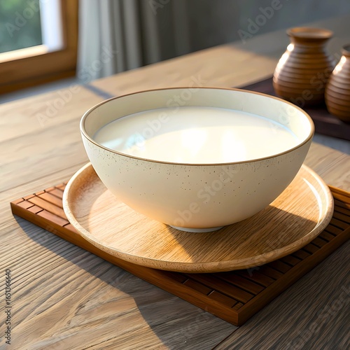 Milk, milk dish, light falling on it from an angle making it more visible and attractive, close-up shot, kitchen background