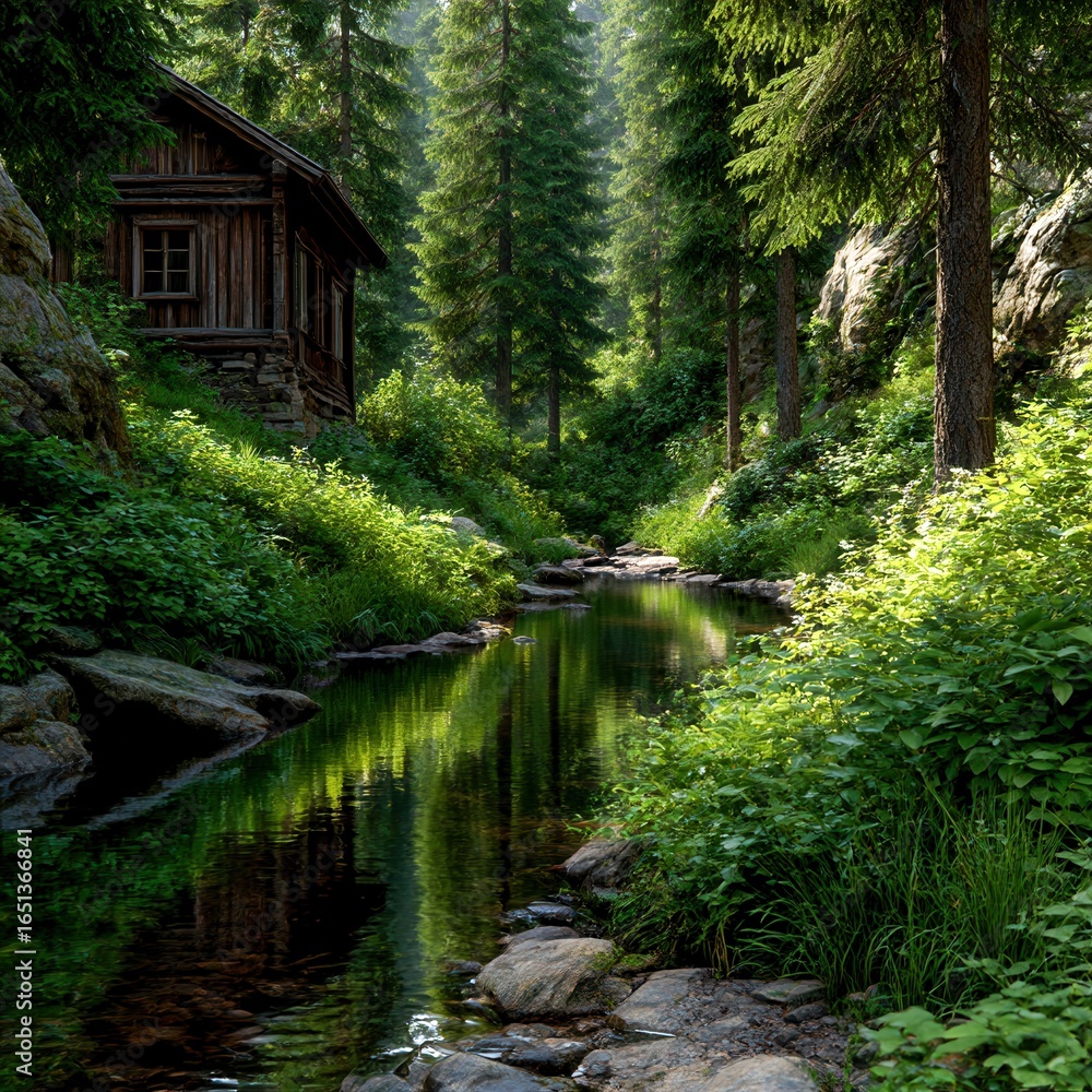 Obraz premium Cabin sits near river in sunny Forest