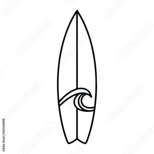 Black outline of a surfboard with a wave design on a white background ocean water