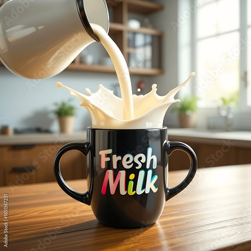 Milk, milk falling from above into a black cup, light falling on it from an angle making it more visible and attractive, close-up shot, kitchen background