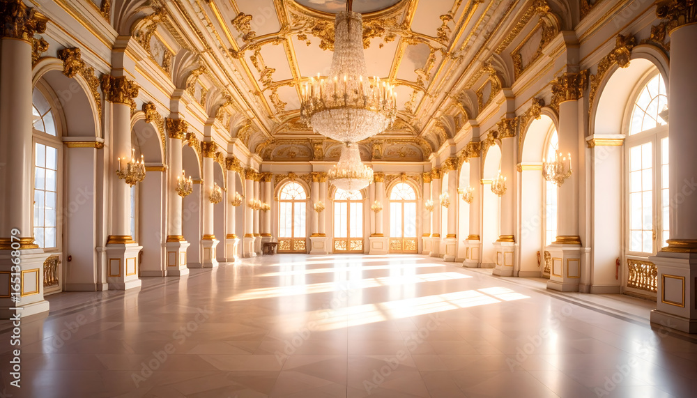 Obraz premium Grand Ballroom Interior with Golden Embellishments and Sunlight Streaming through Arched Windows