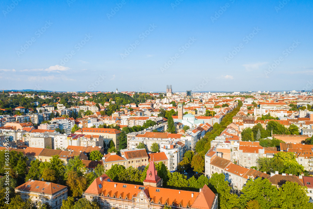 Obraz premium Panorama of Zagreb, Croatia. Aerial view of green wave and western side of city center.