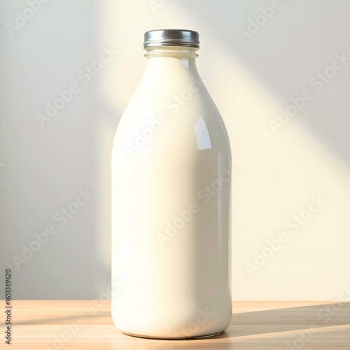 Milk, milk bottle, light falling on it from an angle making it more visible and attractive, close-up, gray background