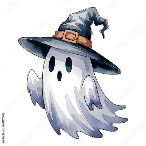 Scary ghost or spirit in witch hat, cute halloween character. Watercolor illustration in PNG format.