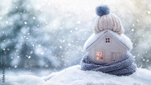 Miniature house wrapped in a knitted scarf and topped with a woolen hat, set against a snowy background. Symbolizing warmth and comfort in cold weather. Generated AI