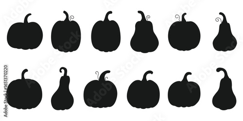 Black silhouettes of pumpkins. Isolated white background. Design for Halloween. Vector flat illustration