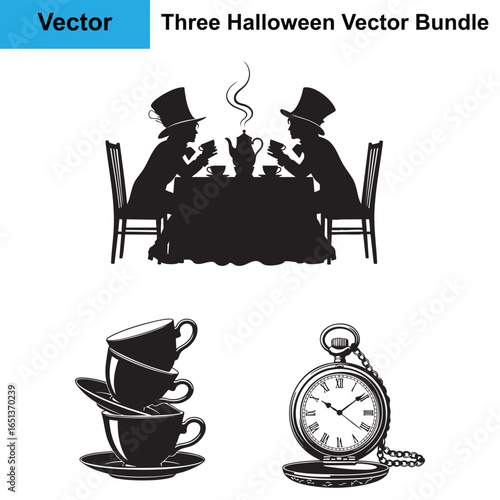 Mad Hatter Tea Party Teacup Pocket Watch Silhouette Halloween Vector Bundle