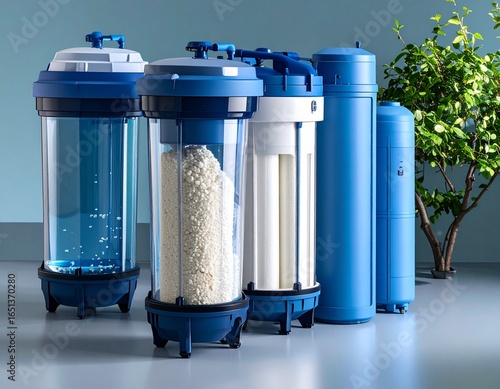 A collection of various blue water filtration systems, showcasing different designs and components.