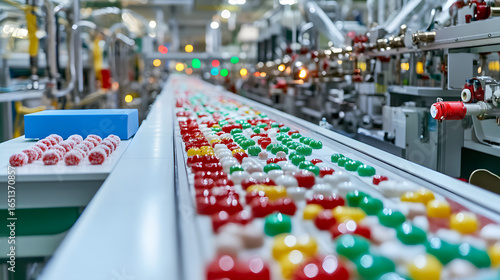 Automated production line with colorful gelatin candies in a factory setting