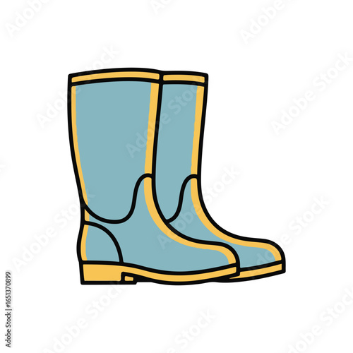 Pair of light blue rubber boots with yellow trim and black outlines wellington boots rain boots