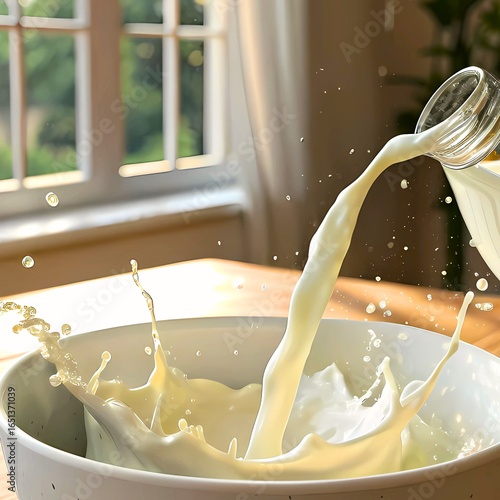 Milk, milk falling from a bottle onto a plate, light hitting it from an angle making it more visible and attractive, close-up, kitchen background