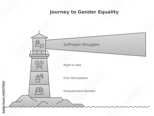 Journey to gender equality highlighting suffragist struggles, the right to vote, civil participation, and empowerment benefits in a symbolic lighthouse isolated on white background