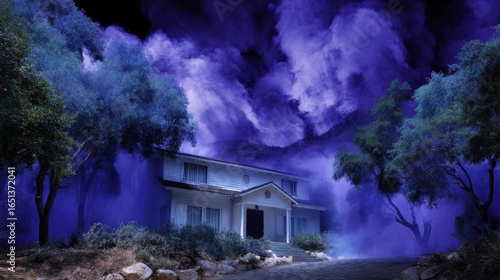 Eerie Front Yard of a Haunted House Surrounded by Dark Trees and Vibrant Purple Mist at Night