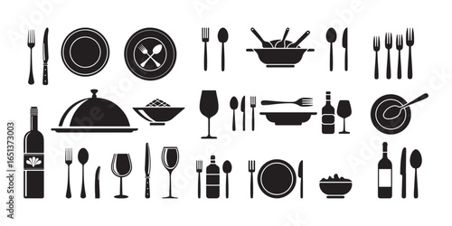 Minimalist black silhouette shows assortment of tableware, glassware, plate and wine bottle set