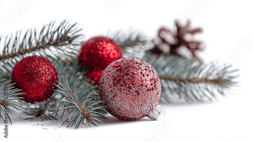 Merry Christmas and happy New Year background. Christmas balls, fir branches, cones. Merry christmas card. Winter holiday theme. Christmas decoration isolated. Space for text. AI generation
