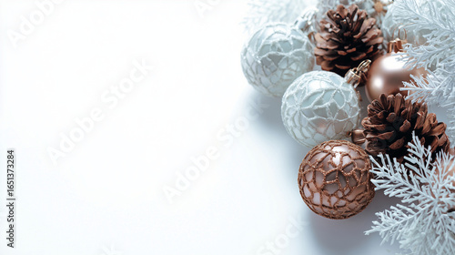 Merry Christmas and happy New Year background. Christmas balls, fir branches, cones. Merry christmas card. Winter holiday theme. Christmas decoration isolated. Space for text. AI generation