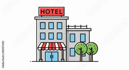 Modern Multi-Story Hotel Building with Red and White Striped Awning.