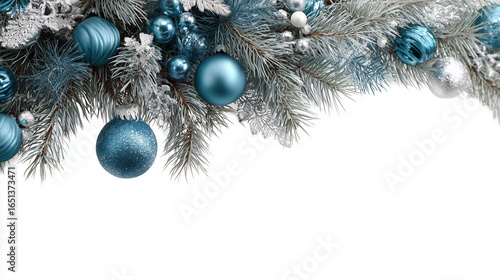 Merry Christmas and happy New Year background.
Christmas blue balls, fir branches. Merry christmas card. Winter holiday theme. Christmas decoration. Space for text. AI generation	