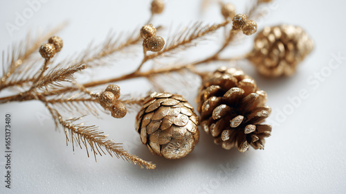 Merry Christmas and happy New Year background.
Christmas gold fir branches, cones. Merry christmas card. Winter holiday theme. Christmas decoration isolated. Space for text. AI generation	