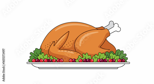 Perfectly Roasted Golden Brown Turkey on a Bed of Fresh Greens and Berries.