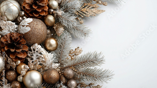 Merry Christmas and happy New Year background.
Christmas gold balls, fir branches, cones. Merry christmas card. Winter holiday theme. Christmas decoration isolated. Space for text. AI generation